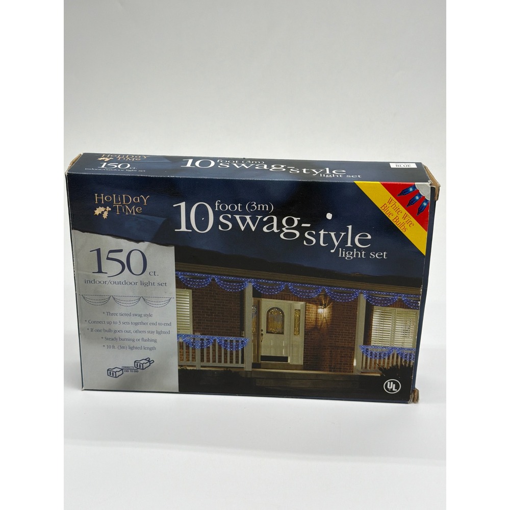 Holiday Time 150 Blue Swag Style‎ Light Set White Wire 10ft Indoor Outdoor 94044